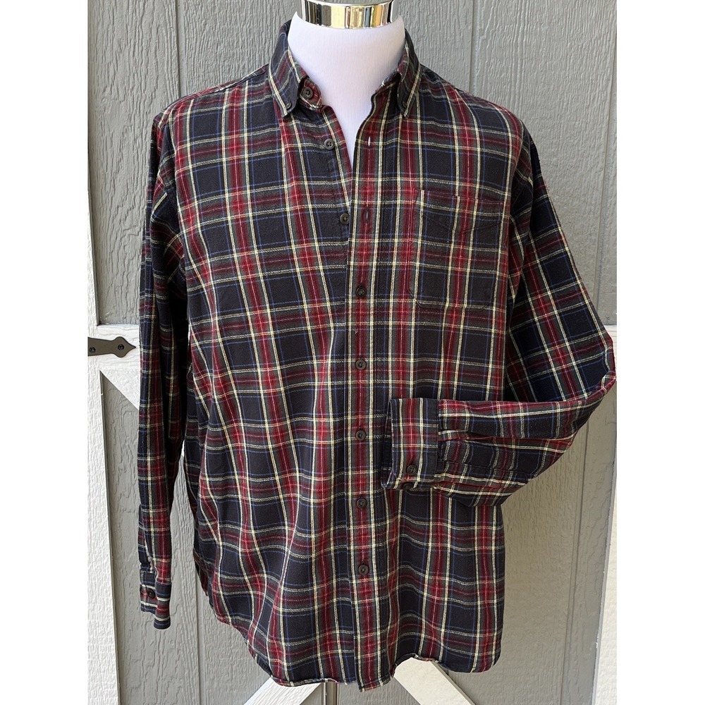 L.L. Bean Flannel Button Down Black Green Red Plaid Shirt 228066‎ Size L - Tall